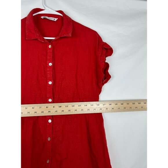 Zara Womens Small Red Tiered Button-Down Dress With Ruffle Sleeves 100% Linen - Picture 4 of 9